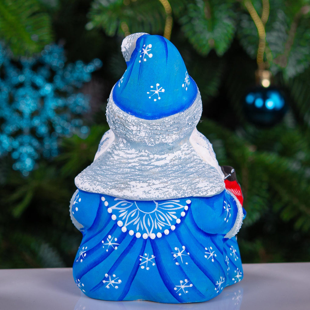 Hand carved blue Santa figurine 5 inch, winter birds scene decor