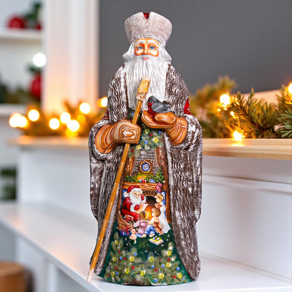 Hand carved wooden Santa statue 13 inch, fireplace scene collectible