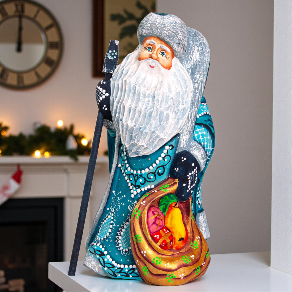 Hand carved teal Santa wooden figurine 9.1 inch, toy sack, mantel decor