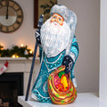 Hand carved teal Santa wooden figurine 9.1 inch, toy sack, mantel decor