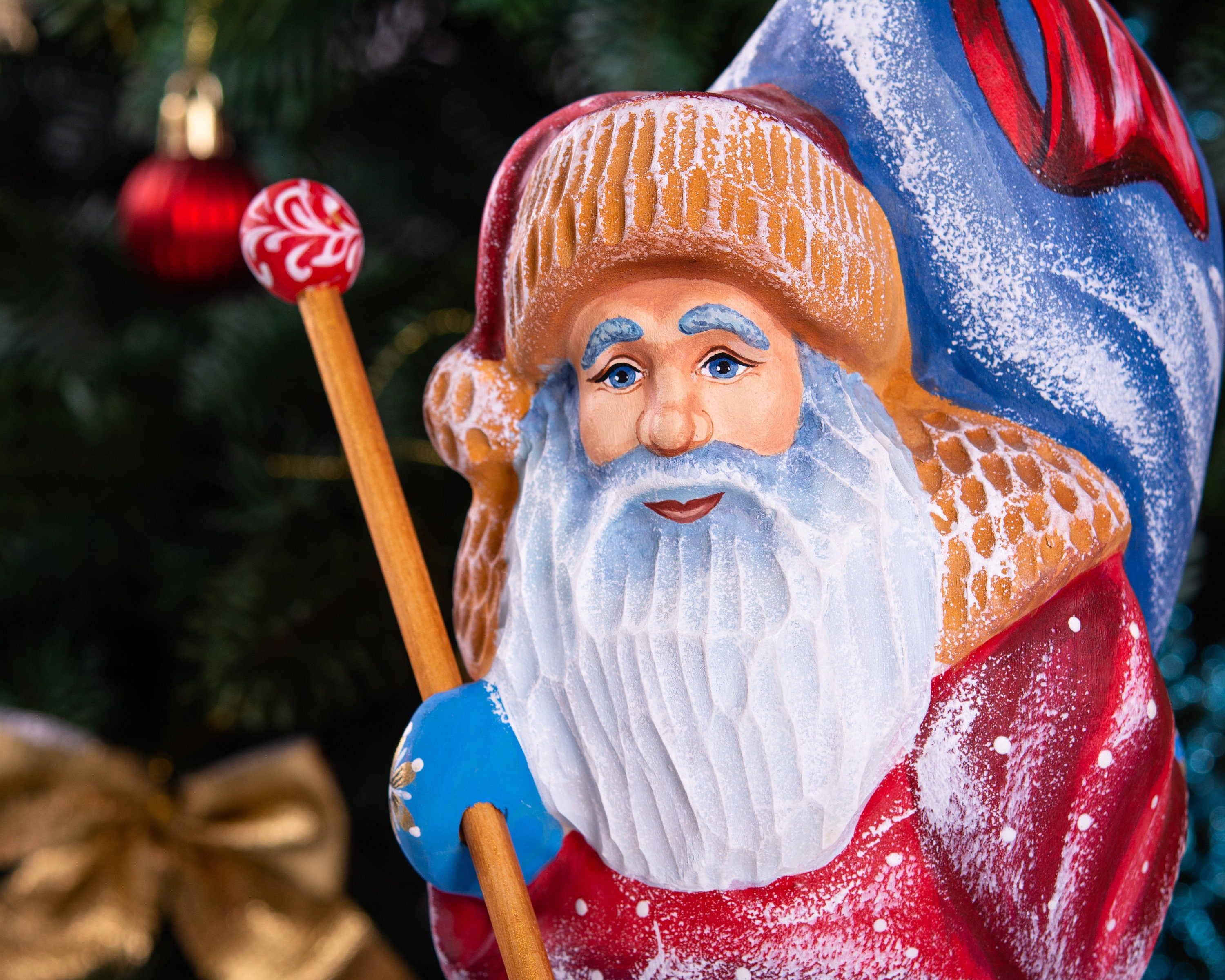 Hand carved Santa Claus figurine 10 inch, village landscape, holiday table centerpiece