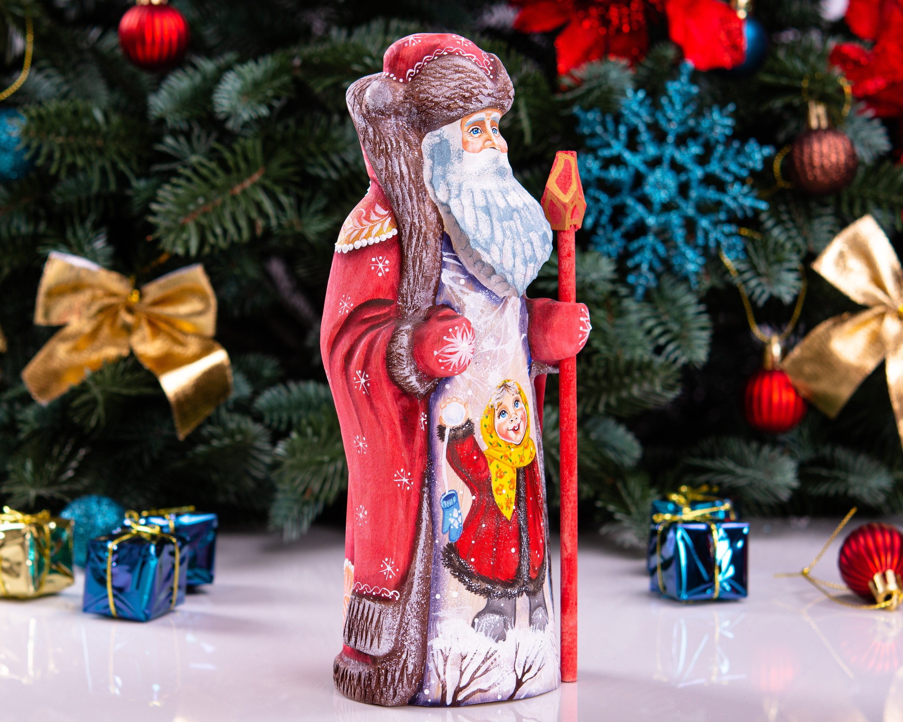 Hand carved Russian Santa figurine 9 inch, winter girl with snowball scene