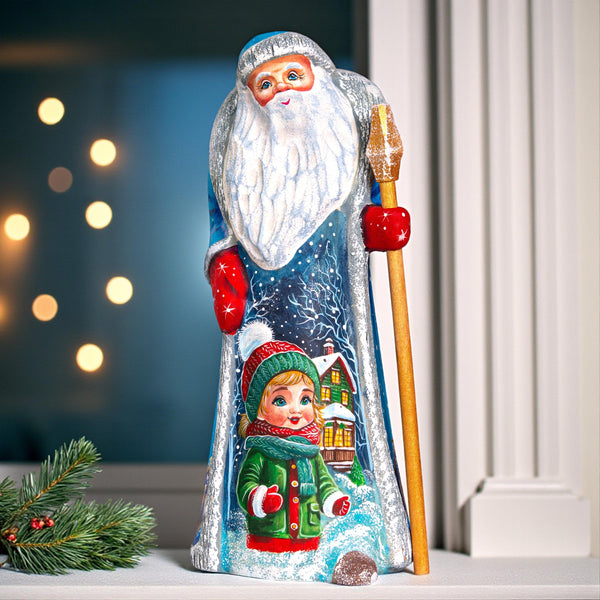 Hand carved wooden Santa figurine 9 inch, with child, shelf decor