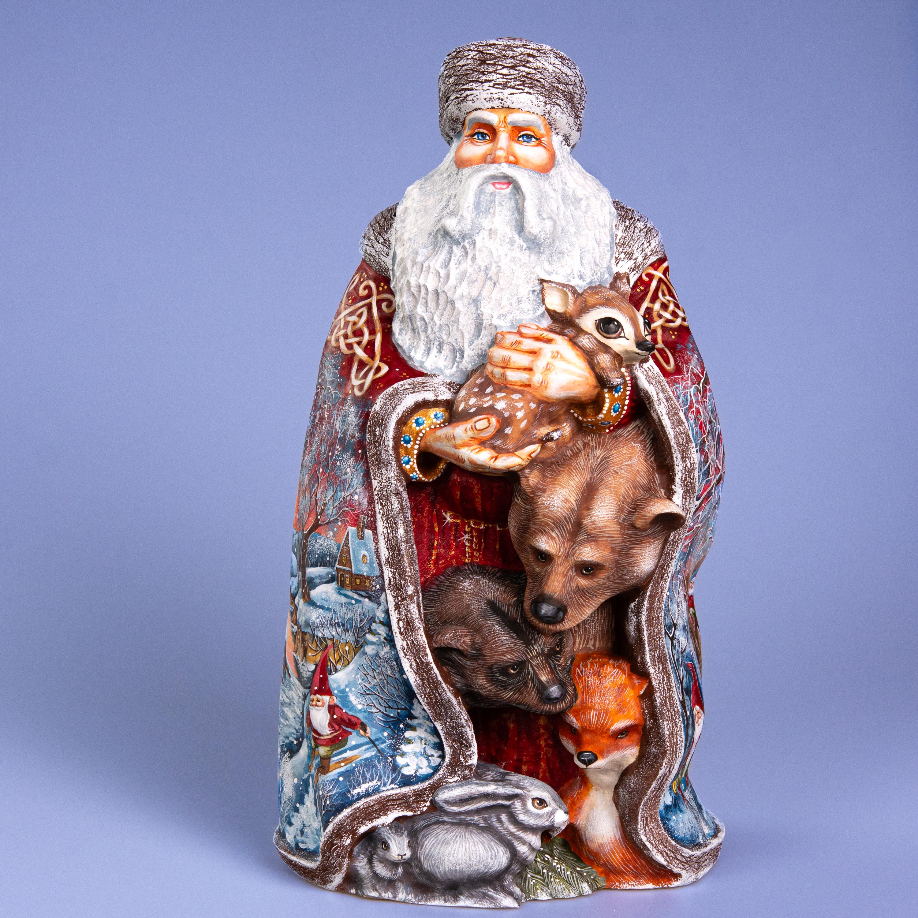Santa with Woodland Animals 14 inch, Hand Carved Solid Wood Figurine, Artist Painted