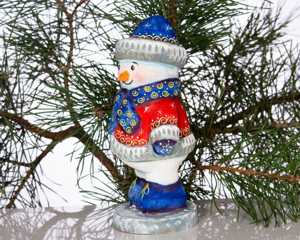Hand carved wooden snowman figurine 6.3 inch, folk art winter accent, mantel decor
