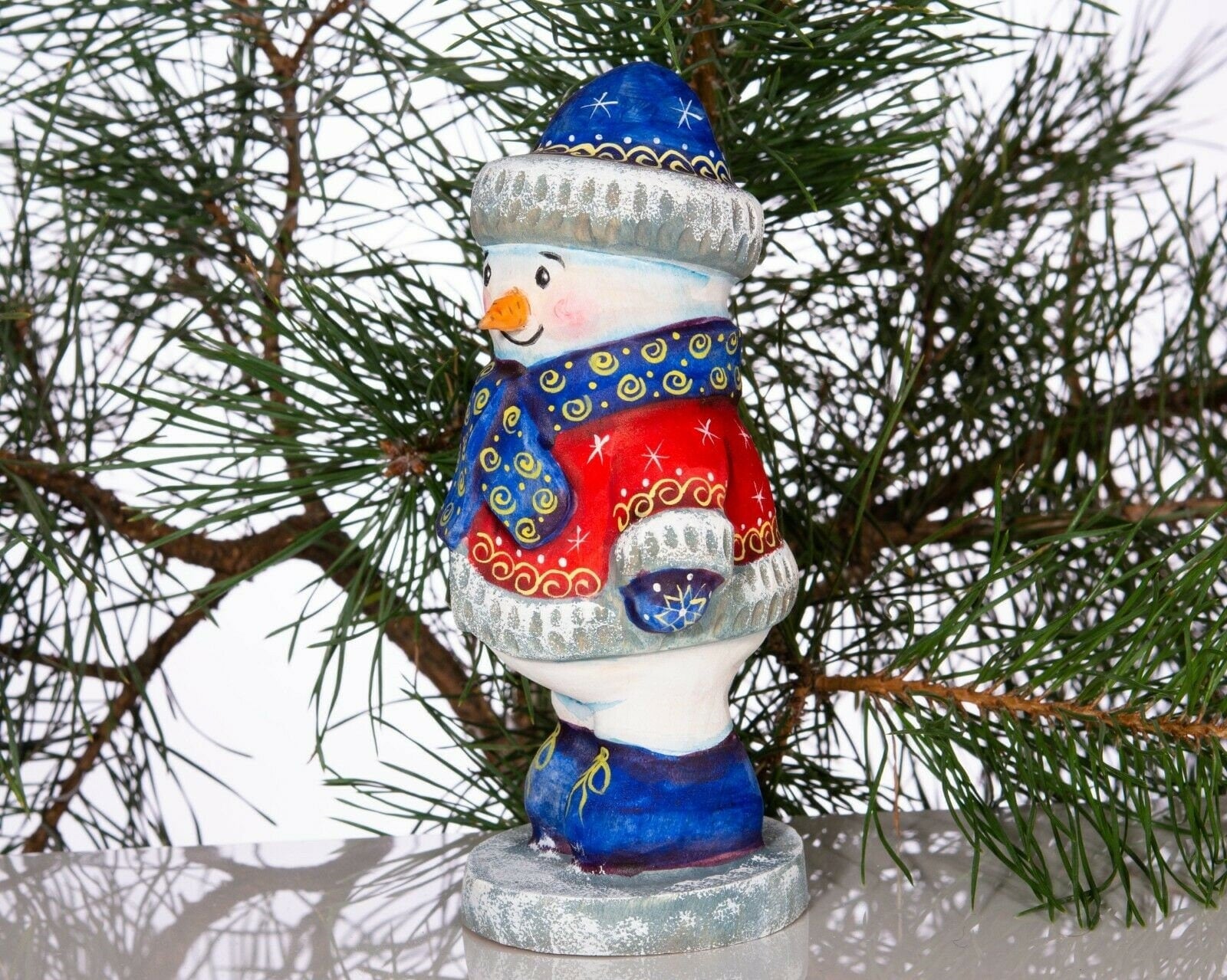 Hand carved wooden snowman figurine 6.3 inch, folk art winter accent, mantel decor