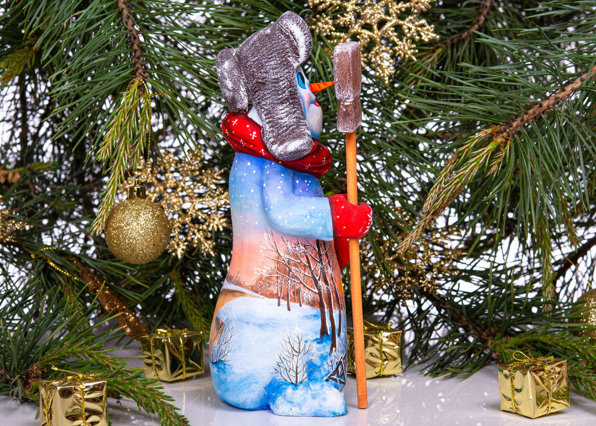 Hand carved snowman wooden figurine 9.1 inch, broom, winter village scene