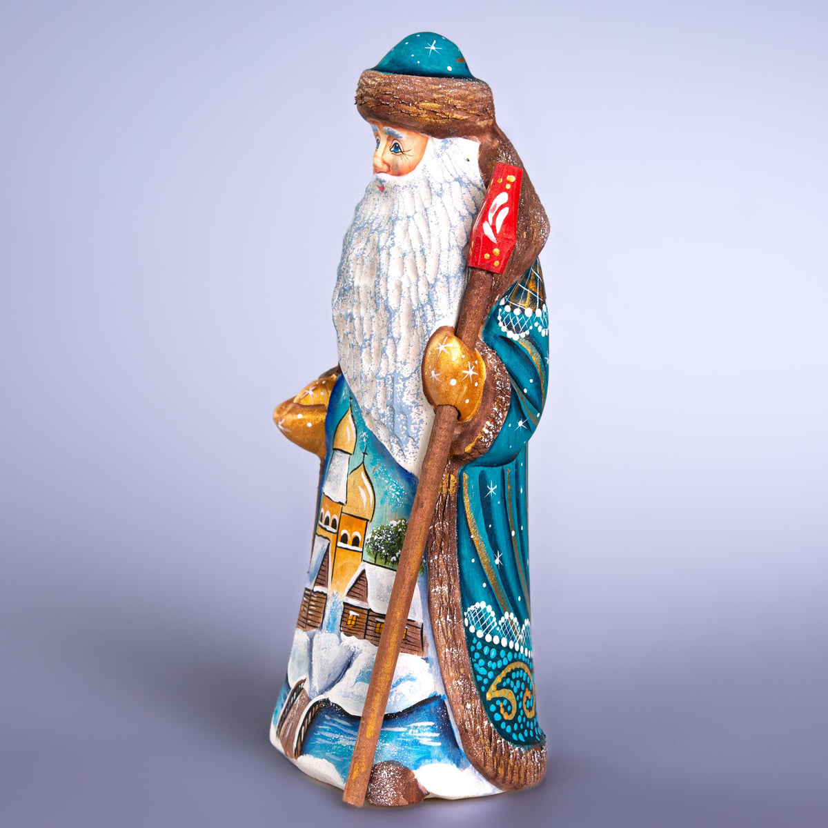 Hand Carved Santa Claus Figurine: Blue & Gold Winter Village Scene