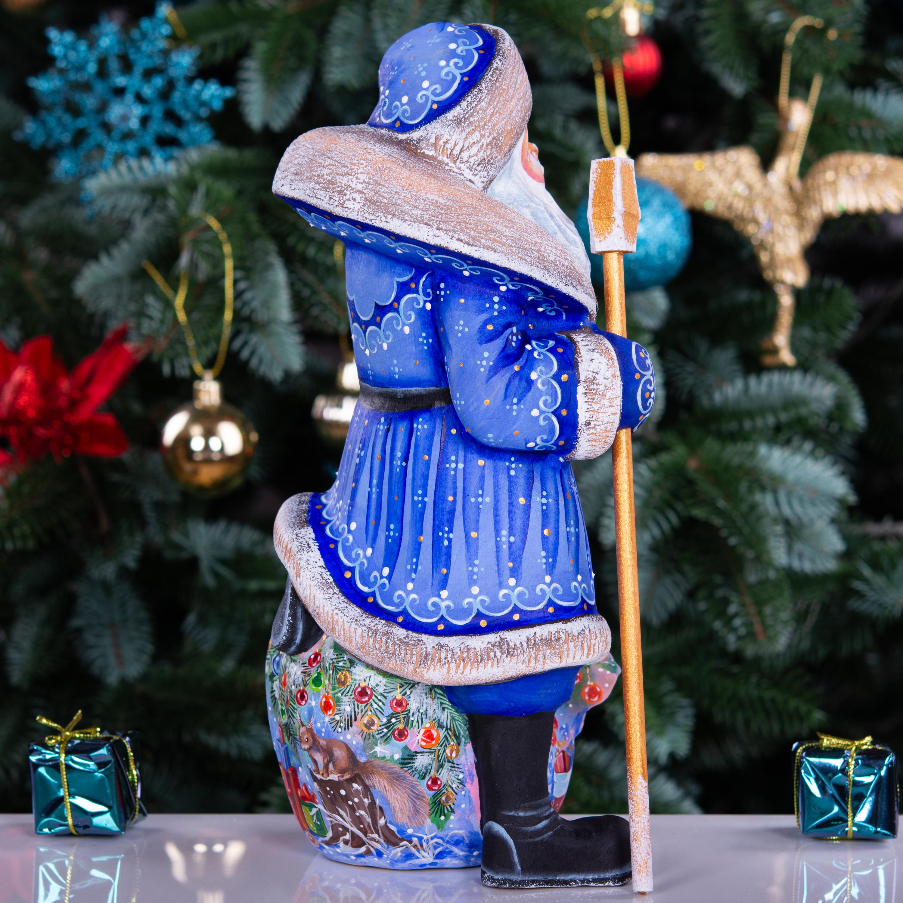 Blue Santa wooden figurine 9.5 inch, hand carved Christmas mantel display decor