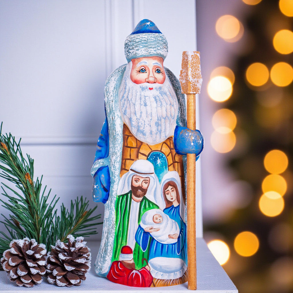 Blue Coat Santa Figurine 7", Nativity Scene, Old World Folk Art