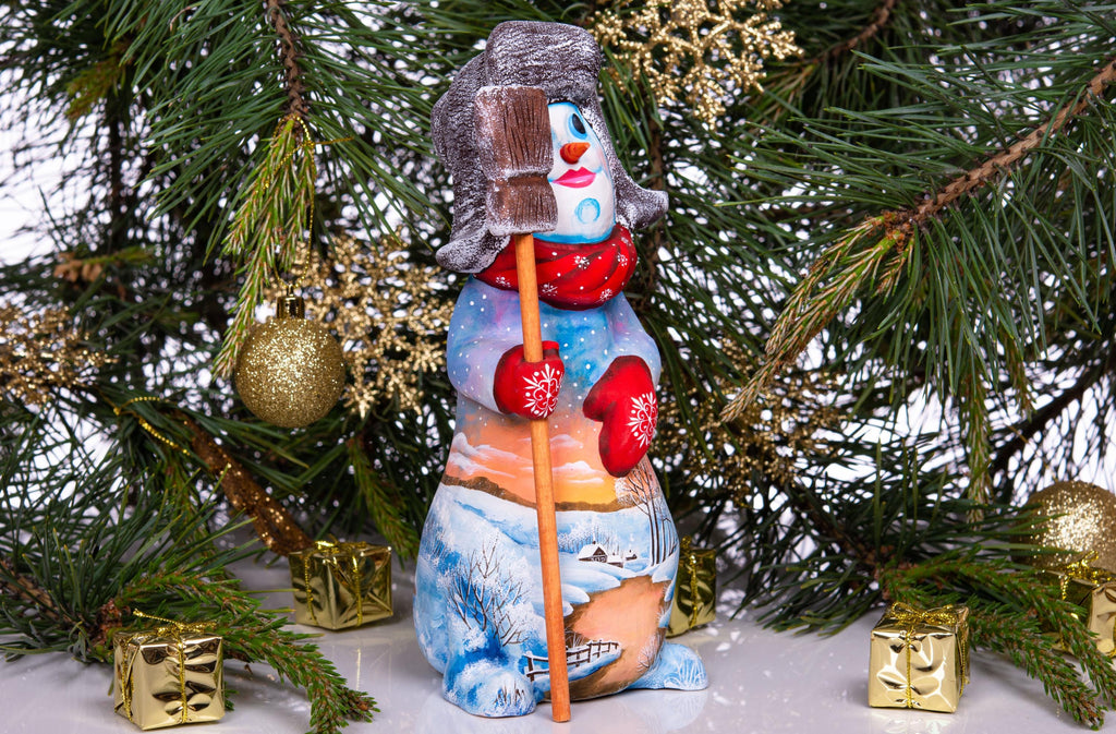Hand carved snowman wooden figurine 9.1 inch, holding broom, shelf decor