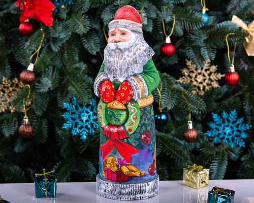 Collectible Santa figurine 11 inch with puppy and ornaments back painting