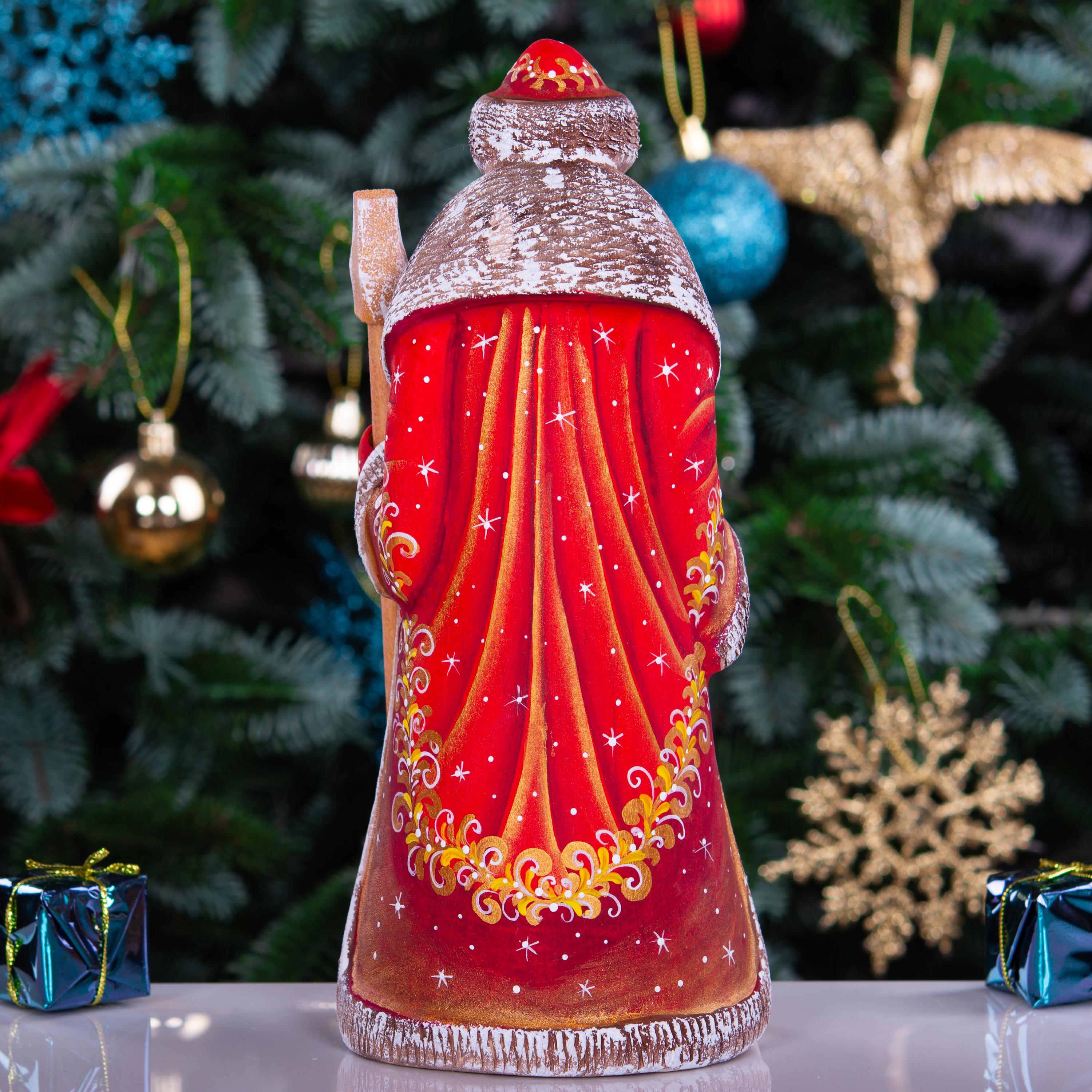 Wooden Santa Figurine 9", Holy Family Creche, Gold Staff