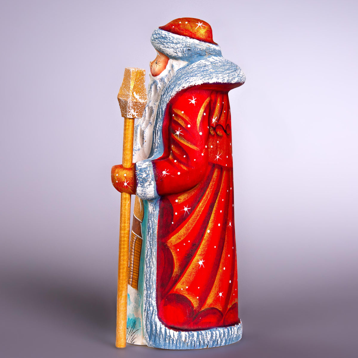 Old-World Santa wooden figurine 7.5 inch, winter church scene, mantel display gift