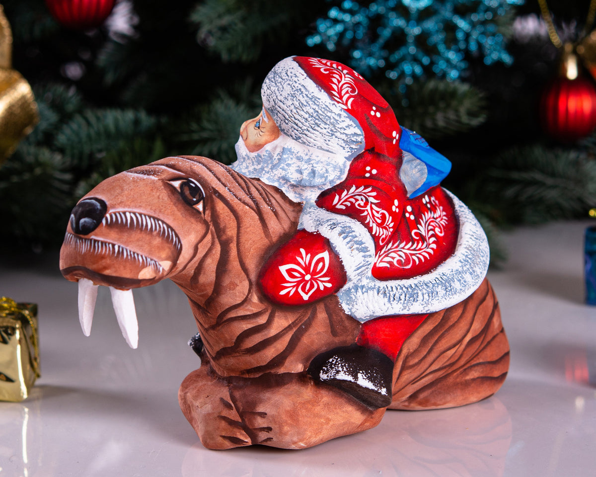 Hand Carved Wooden Santa Claus Figurine: Funny Walrus Christmas Decor