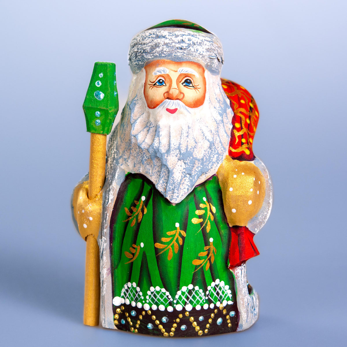 Hand carved Santa wooden figurine 5.1 inch, green coat shelf decor