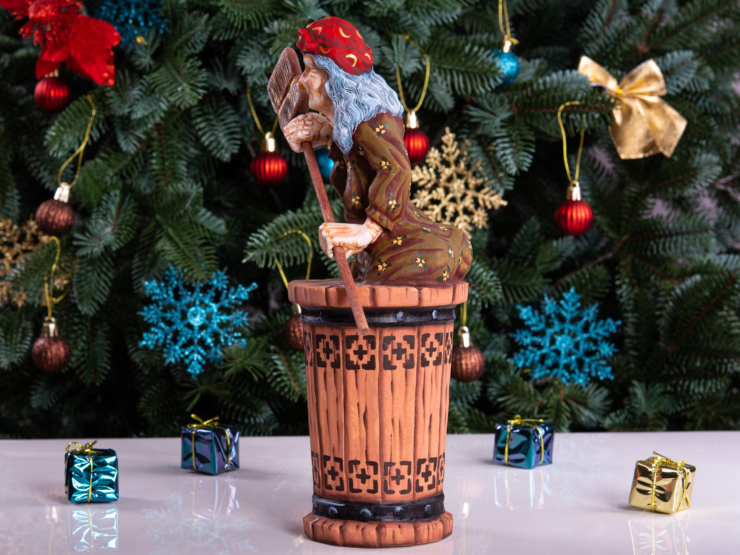 Hand carved Baba Yaga wood statue 11 inch, Slavic witch in mortar, shelf display