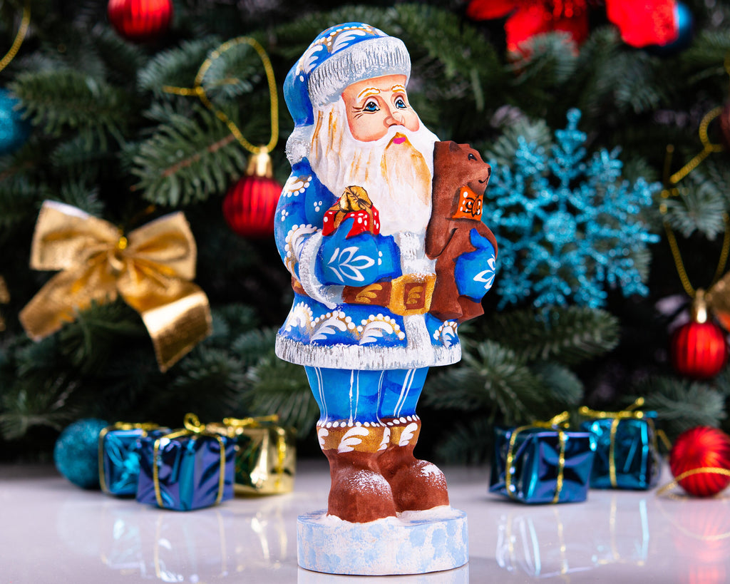 Hand carved blue Santa wooden figurine 7 inch, teddy bear gift, holiday mantel decor