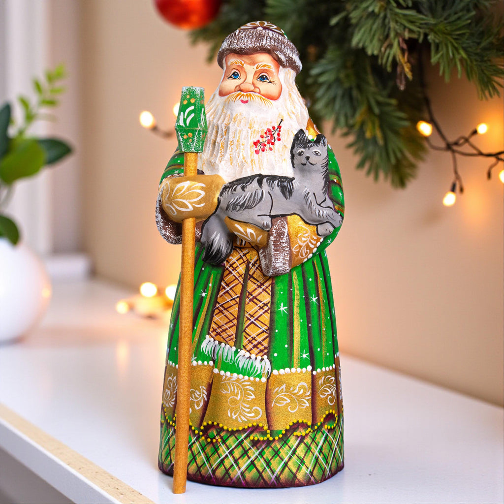 Kris Kringle wooden figurine 9 inch, green coat, cat lover gift