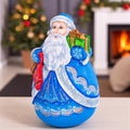 Hand carved blue Santa wooden figurine 7 inch, gift boxes, Christmas mantel decor