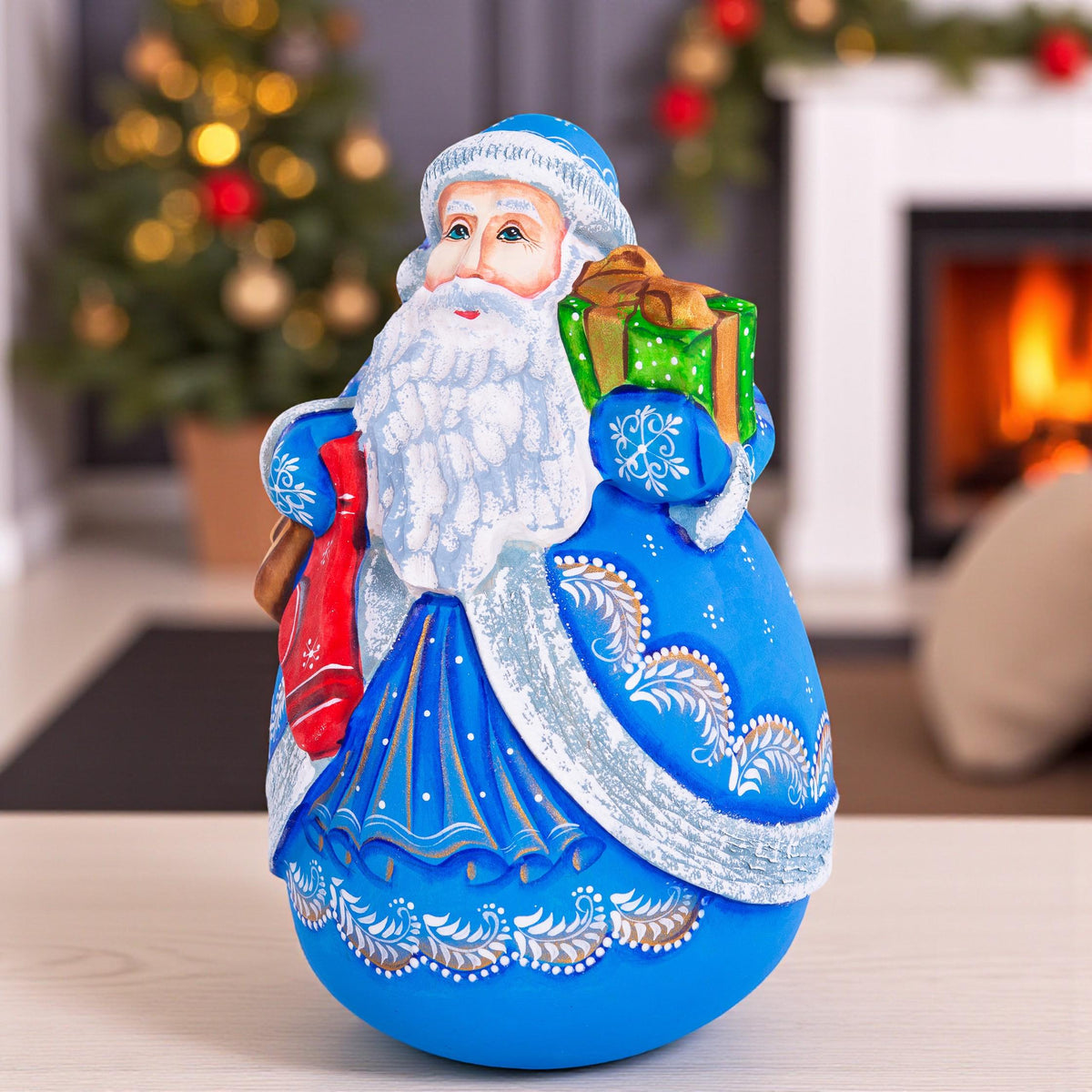 Hand carved blue Santa wooden figurine 7 inch, gift boxes, Christmas mantel decor