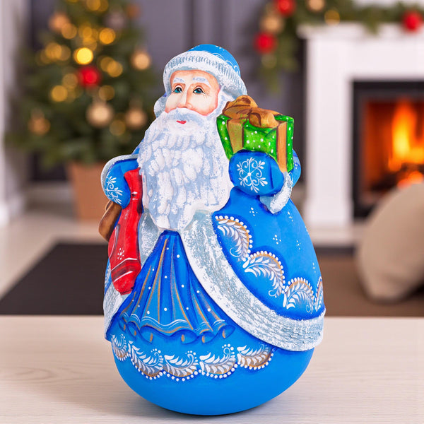 Hand carved blue Santa wooden figurine 7 inch, gift boxes, Christmas mantel decor