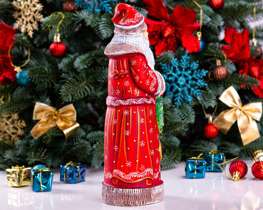 Hand carved Santa wooden figurine 11.4 inch, wreath Christmas decor