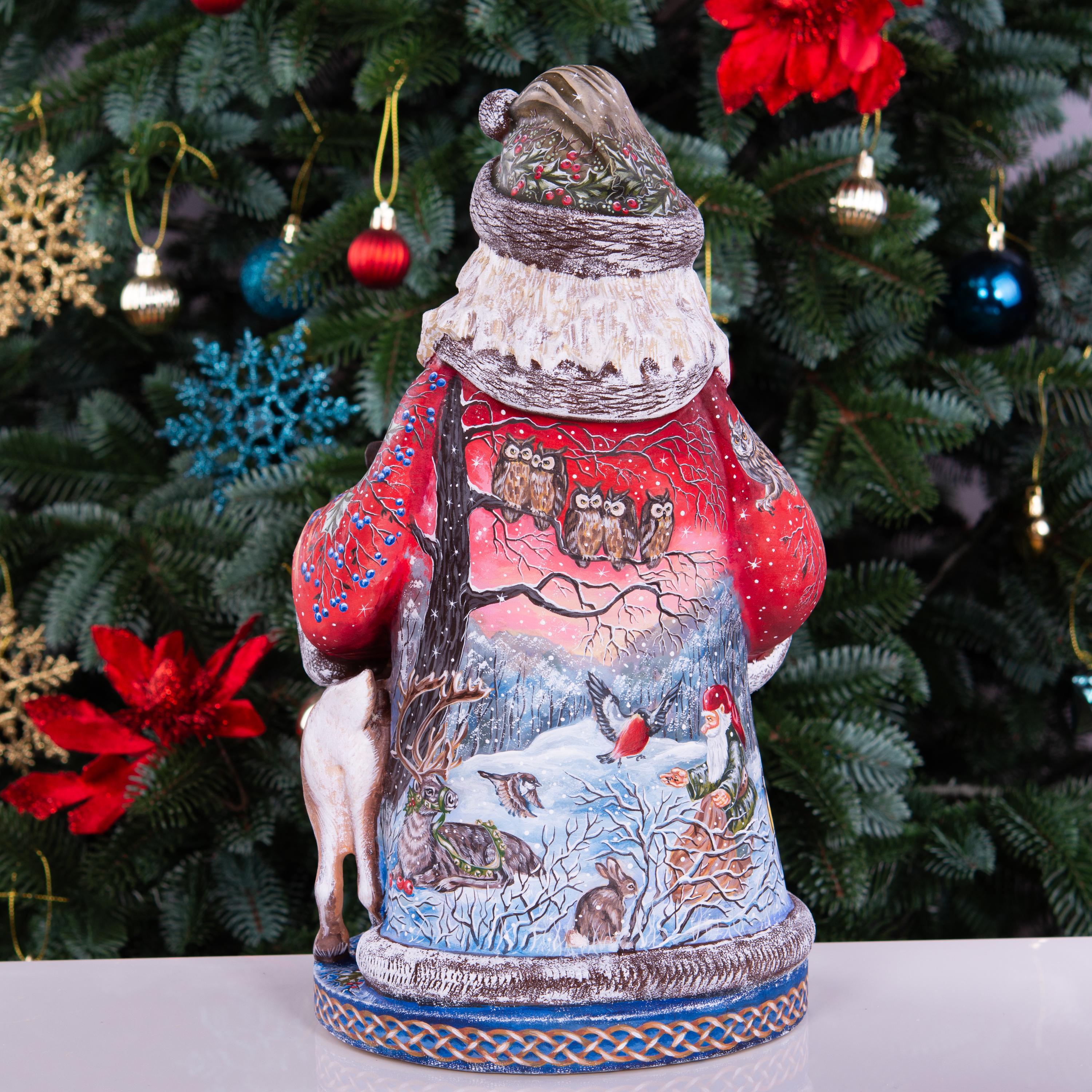 Hand carved Santa 14 inch solid wood statue, woodland animal scene