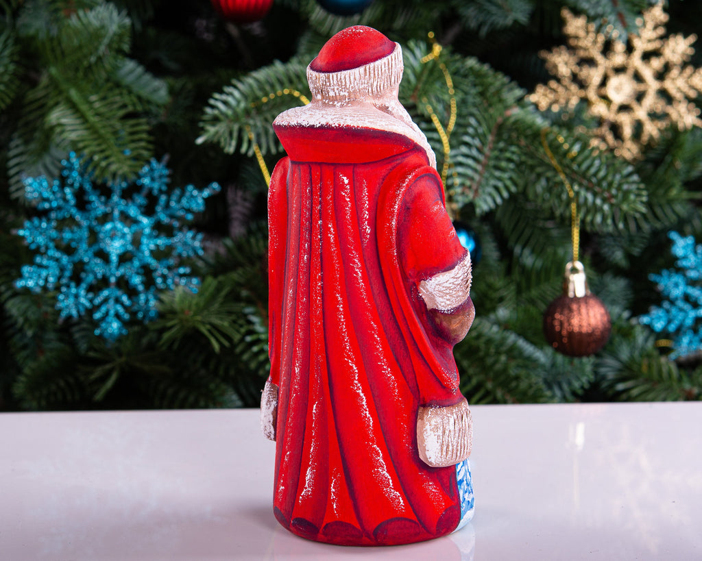 Hand carved wooden Santa figurine 7 inch, snowman and rabbit scene, mantel display