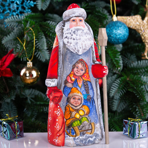 Collectible wooden Santa figurine 9 inch, nostalgic kids winter scene, mantel Christmas decor