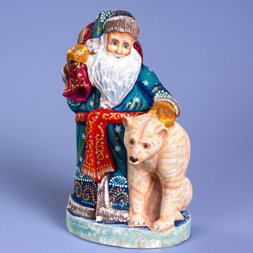 Blue Santa with Polar Bear Cub, 9" Hand Carved Wooden Figurine