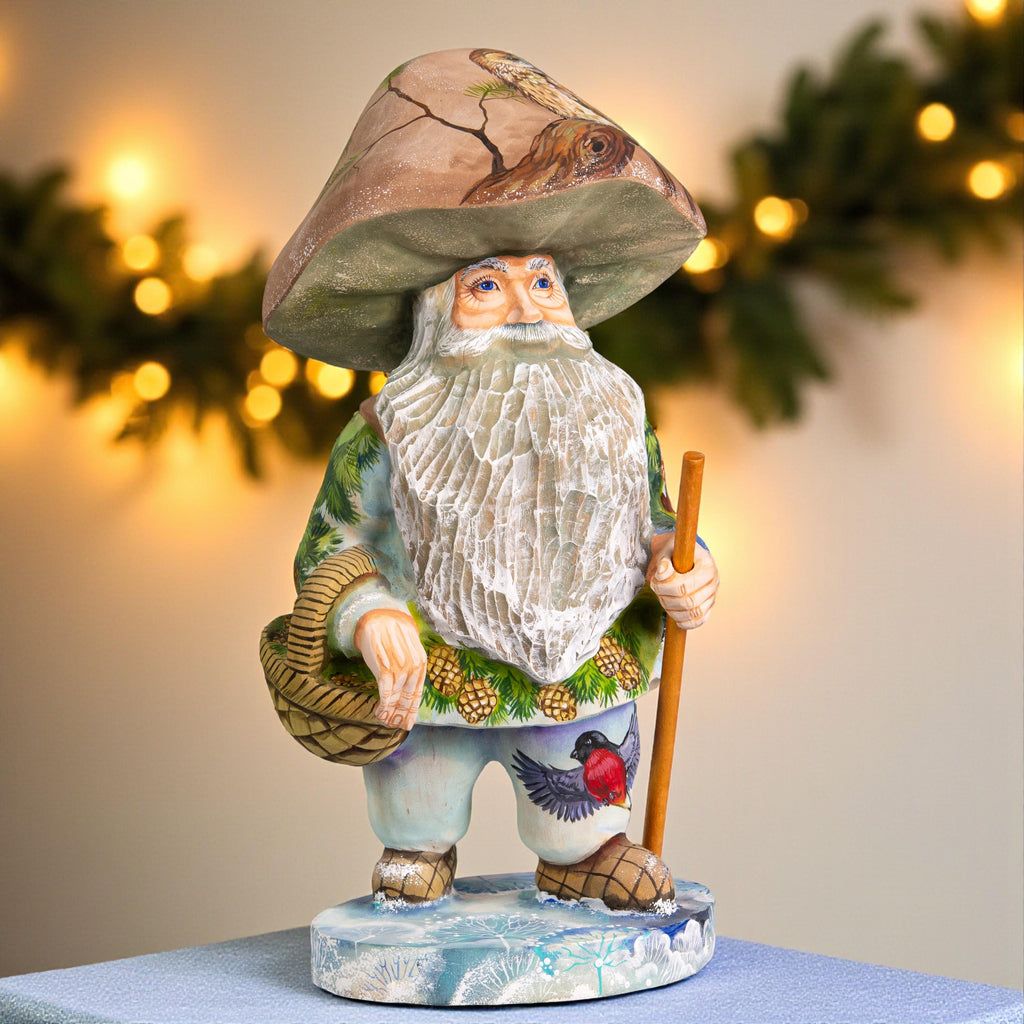 Hand Carved Wooden Mushroom Man Figurine 11 inch: Owl, Squirrel & Bullfinch