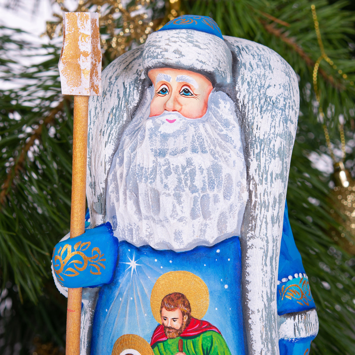 Santa figurine with staff, carved wood, Holy Family art, 9.1 inch