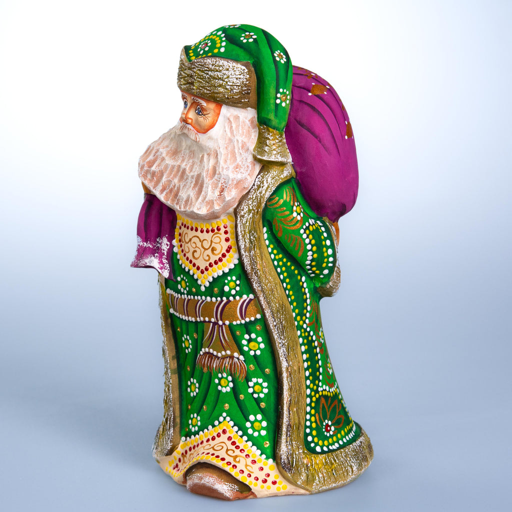 Hand carved green Santa wooden figurine 9.1 inch, folk art collectible