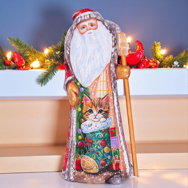 Hand carved Santa wooden figurine 9 inch, kitten in stocking scene