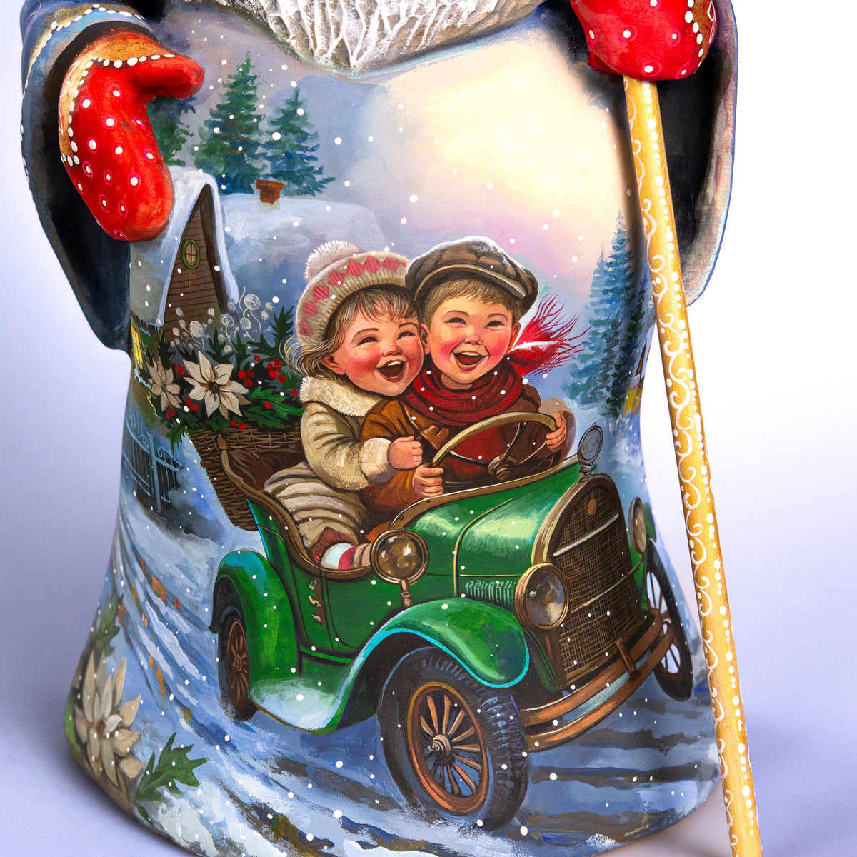 Hand Carved Wooden Santa Statue 14", Children in Green Car, Old World