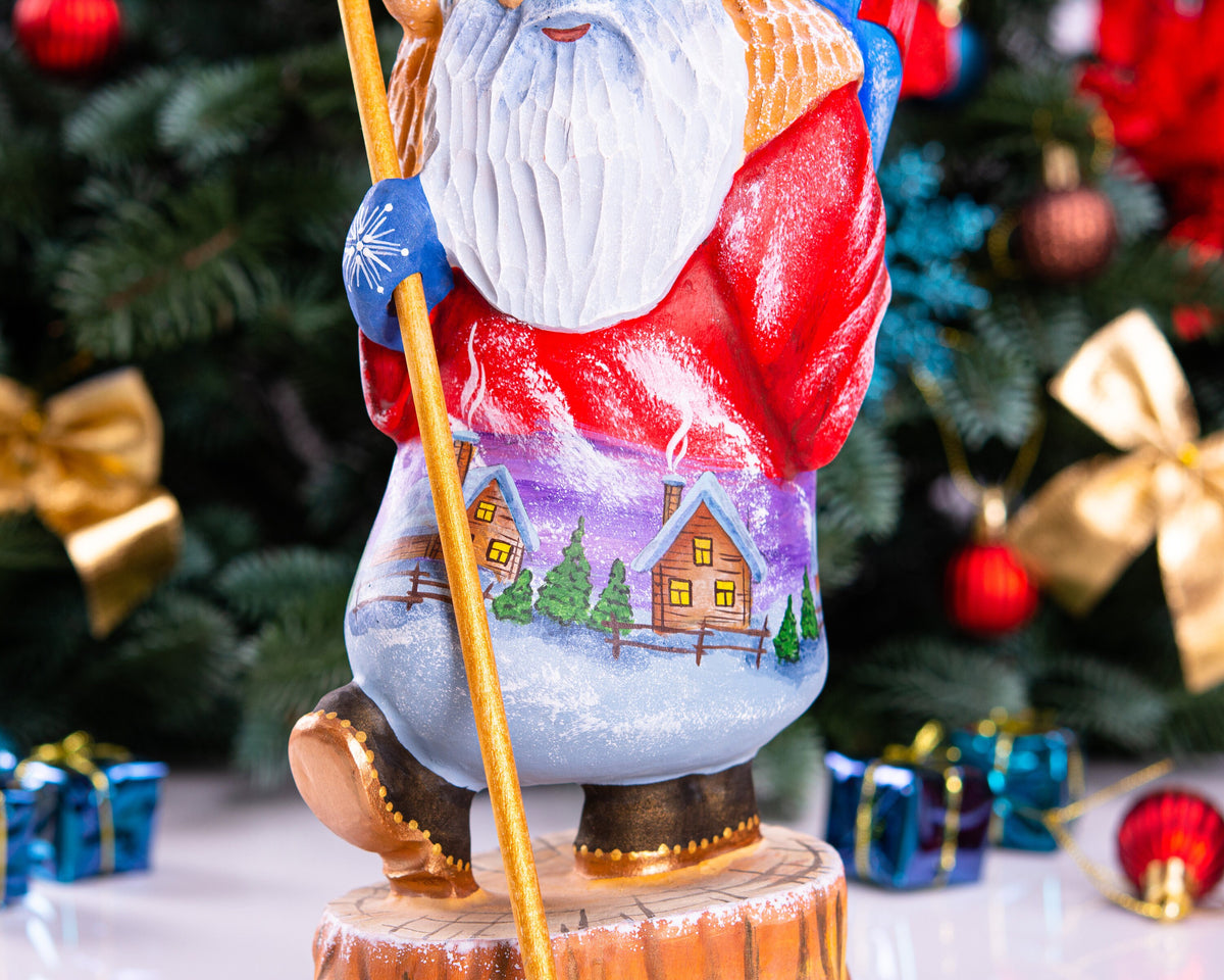 Hand carved Old-World Santa figurine 11.4 inch, snowy village artwork, rustic lodge shelf decor