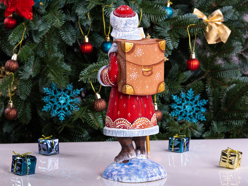 Hand carved wooden Santa figurine 11 inch, with backpack and staff, Christmas mantel decor