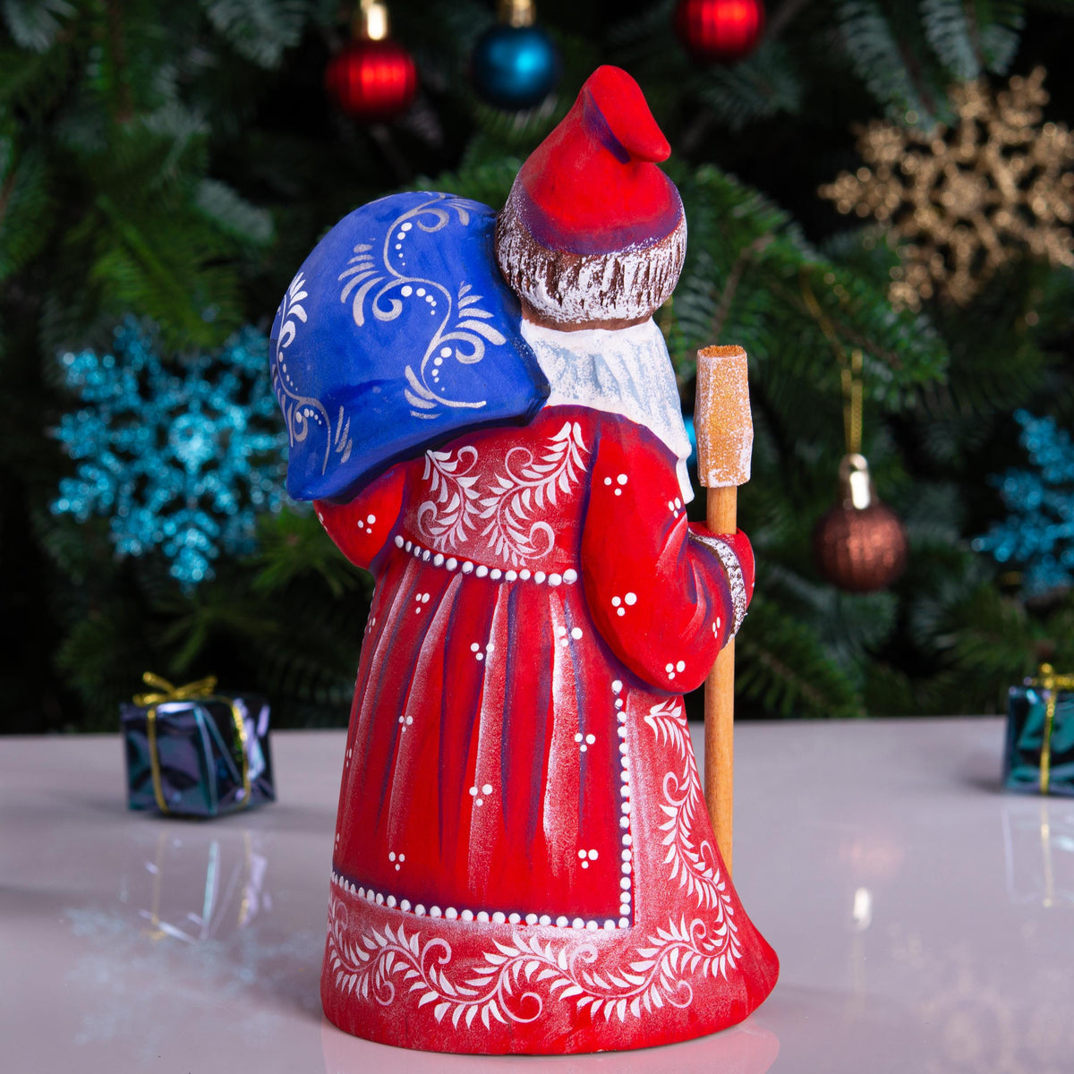 Hand carved Santa wooden figurine 8 inch, blue gift sack, shelf decor