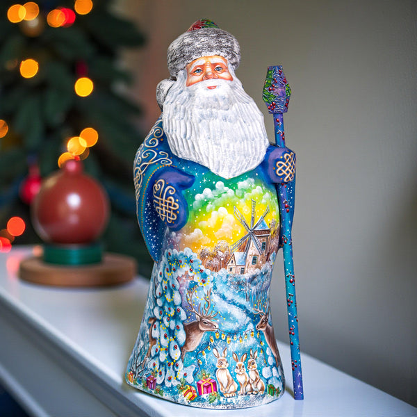 Old World Santa figurine 13 inch, carved wood, blue coat, woodland deer and rabbits