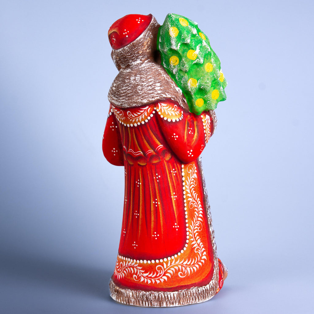 Hand Carved Santa Figurine: Red & Gold Robe, Wooden Christmas Mantel Decor