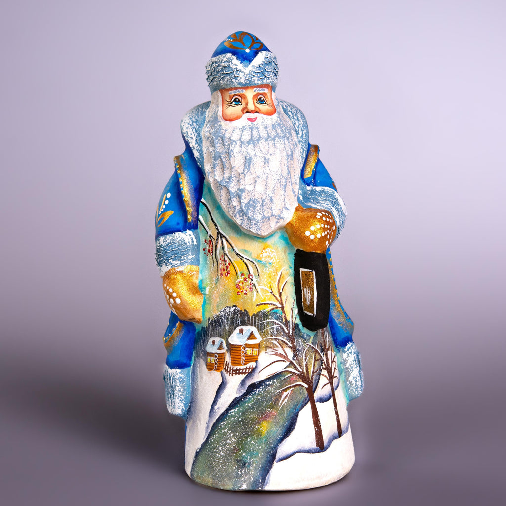 Hand Carved Wooden Santa Figurine 7", Blue Coat, Lantern, Old World