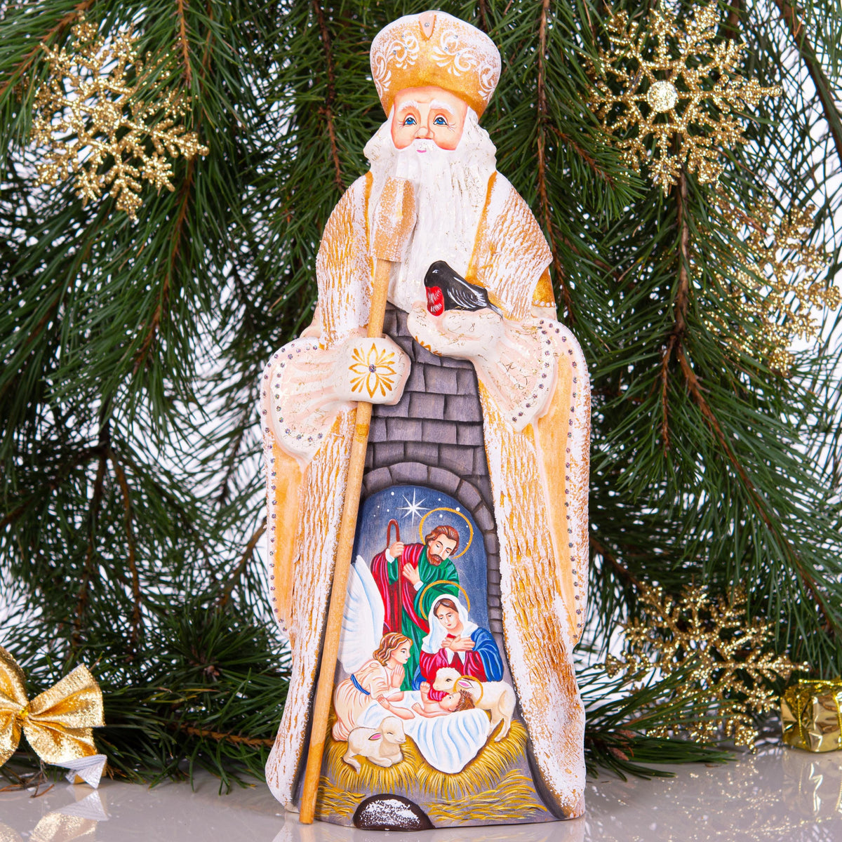 Holy Family Christmas decor 12.7 inch, hand carved Santa nativity wood figurine