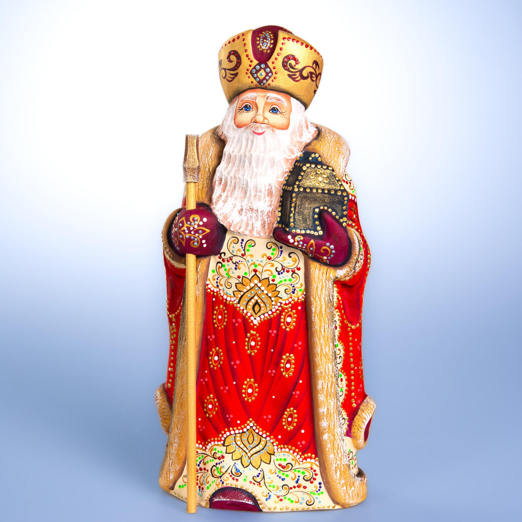 Hand carved Santa wooden figurine 12 inch, ornate folk pattern