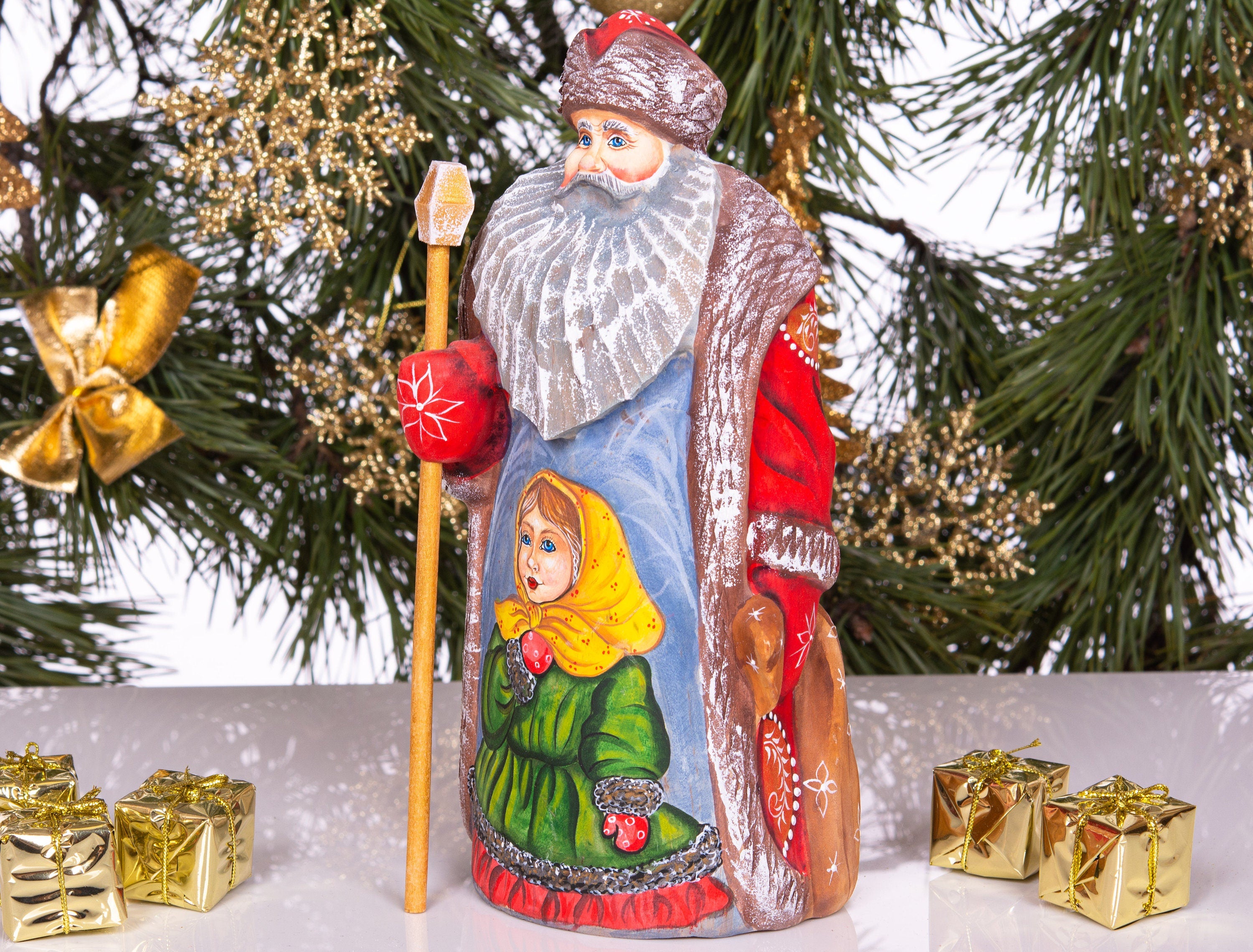 Vintage inspired Russian Santa carving 9.5 inch wooden figure, girl in mittens, Christmas display