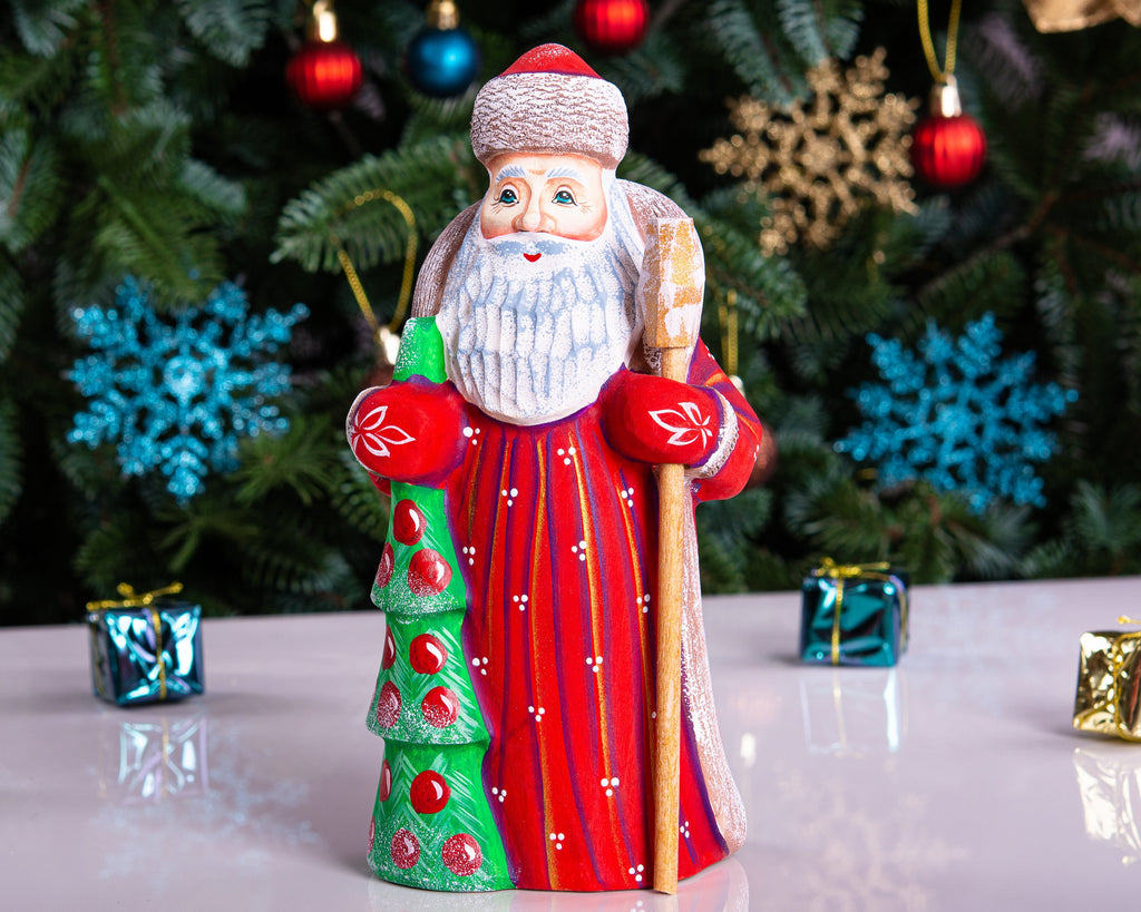 Hand carved wooden Santa figurine 8 inch, holding Christmas tree, holiday shelf decor