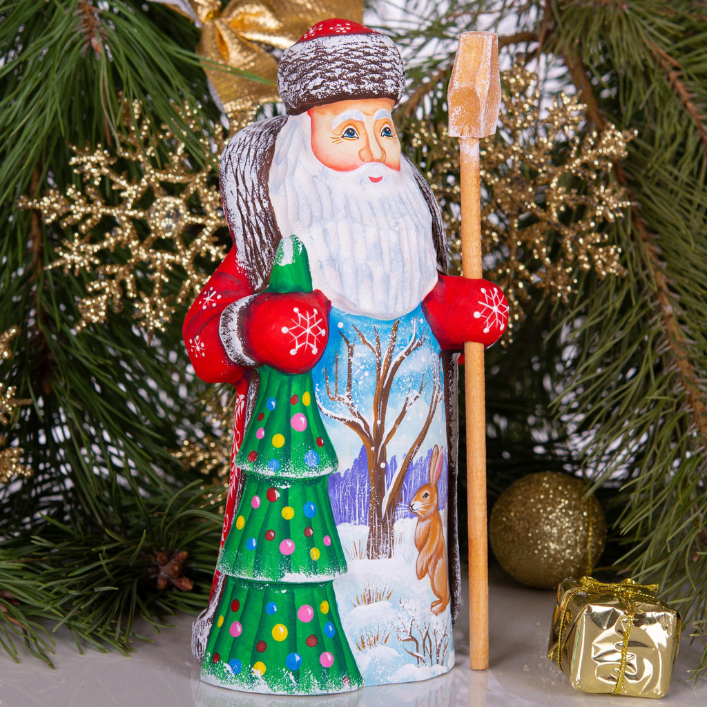 Hand carved Santa wooden figurine 8.3 inch, winter rabbit scene, Christmas mantel decor