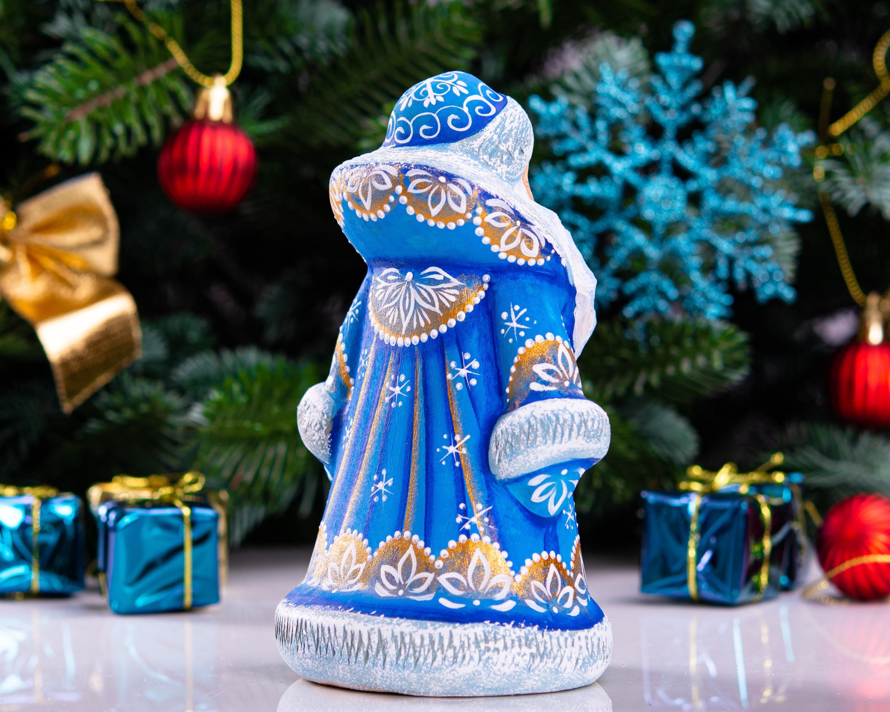 Father Frost Figurine Hand Carved Wood Long Blue Robe 6″