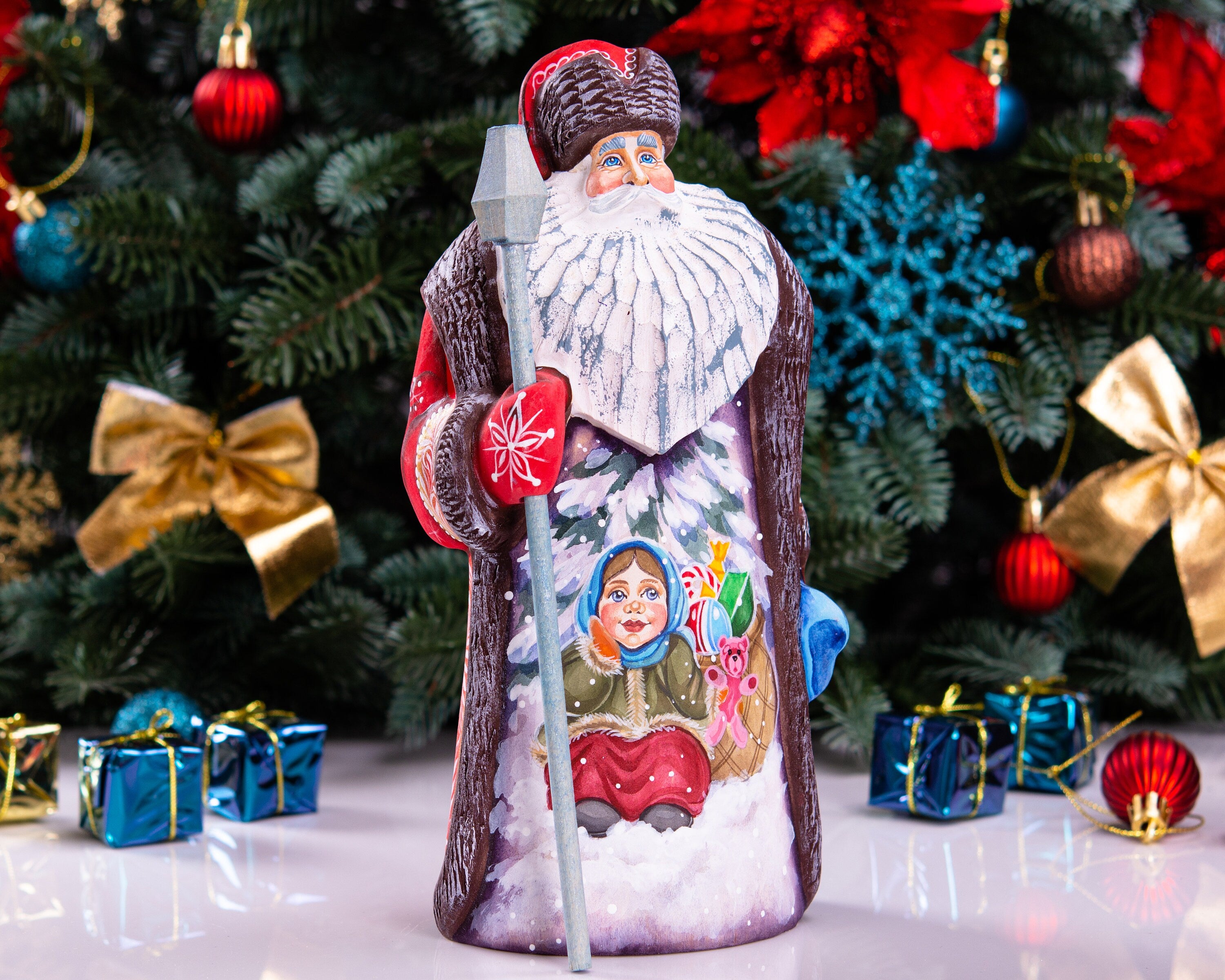 Kris Kringle wooden Santa figurine 9.4 inch, folk art winter child scene, shelf decor