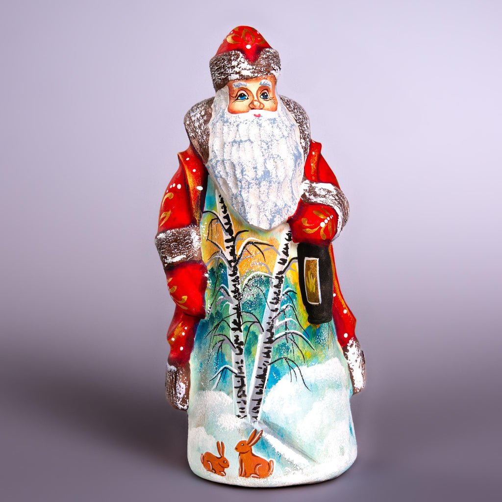 Hand carved Santa wooden figurine 7 inch with lantern, rabbits scene, mantel decor